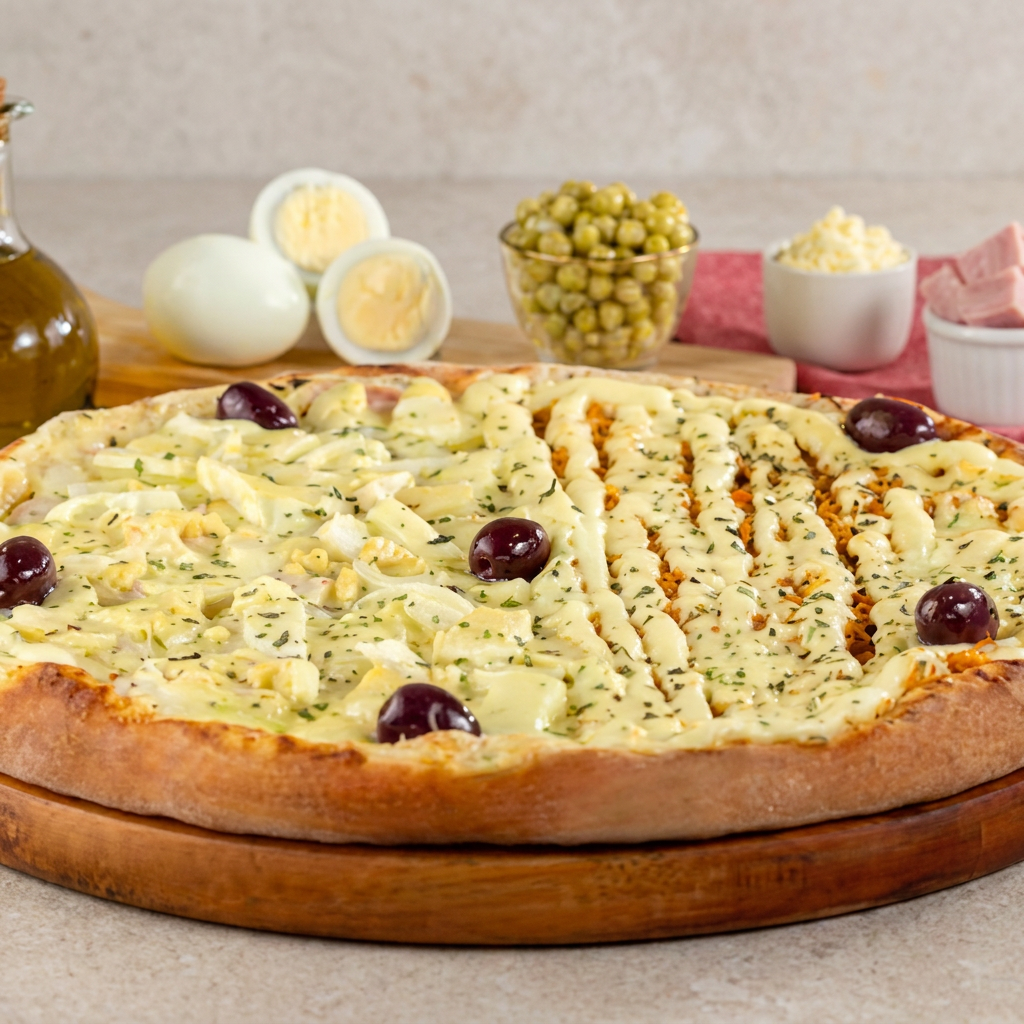 Aprecie nossa Pizza média com 1/2 Portuguesa e 1/2 Frango com Catupiry!
1/2 Portuguesa: Uma deliciosa combinação de azeitonas suculentas, cebolas caramelizadas, ovos cozidos em fatias e presunto de alta qualidade.
1/2 Frango com Catupiry: Suculentas porções de frango desfiado, temperado na medida certa e coberto com o cremoso Catupiry.