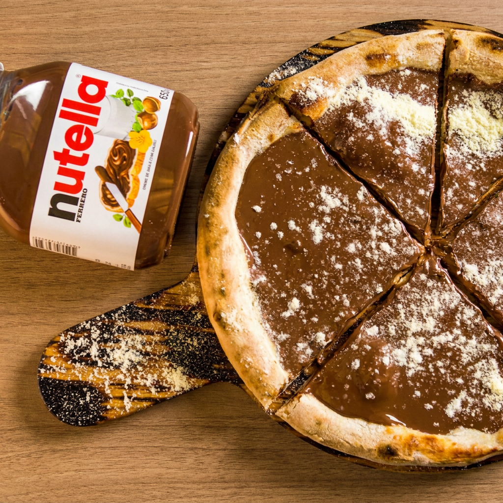 Delicie-se com nossa Pizza Brotinho de Nutella! Uma pizza deliciosa, cremosa e coberta generosamente com Nutella.