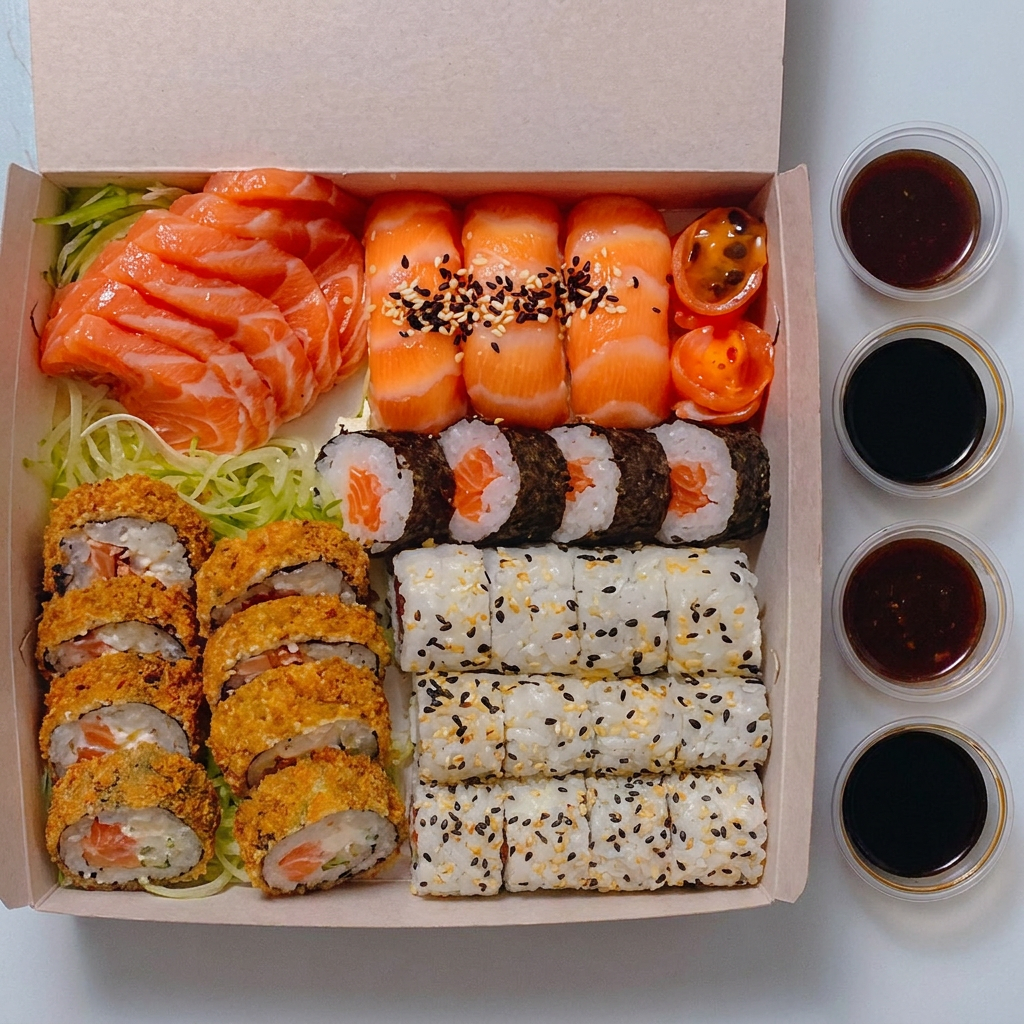 Combo daquele jeito que ninguém resiste!Crocancia no hot, frescor no salmão, cortes alinhados, brilho, capricho e sabor em cada peça. É o combo que chega abrindo sorriso e fechando fome. 6 Sashimis de Salmão 8 Huramak 8 Hot Philadelphia2 Niguiris2 Gunkan4 Hossomaki *combo acompanha 2 molhos shoyu, e 2 molhos taré