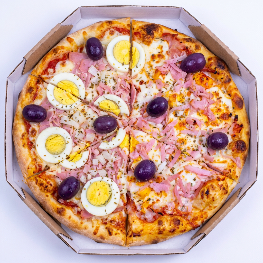 Deliciosa pizza dividida em 6 pedaços, coberta com presunto, ovos cozidos, azeitonas pretas e cebola, sobre uma base de molho de tomate e queijo. Uma combinação clássica e saborosa, ideal para agradar a todos!