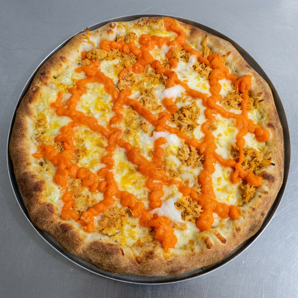 Cremosa e irresistível! Pizza grande de Frango desfiado com cheddar derretido.