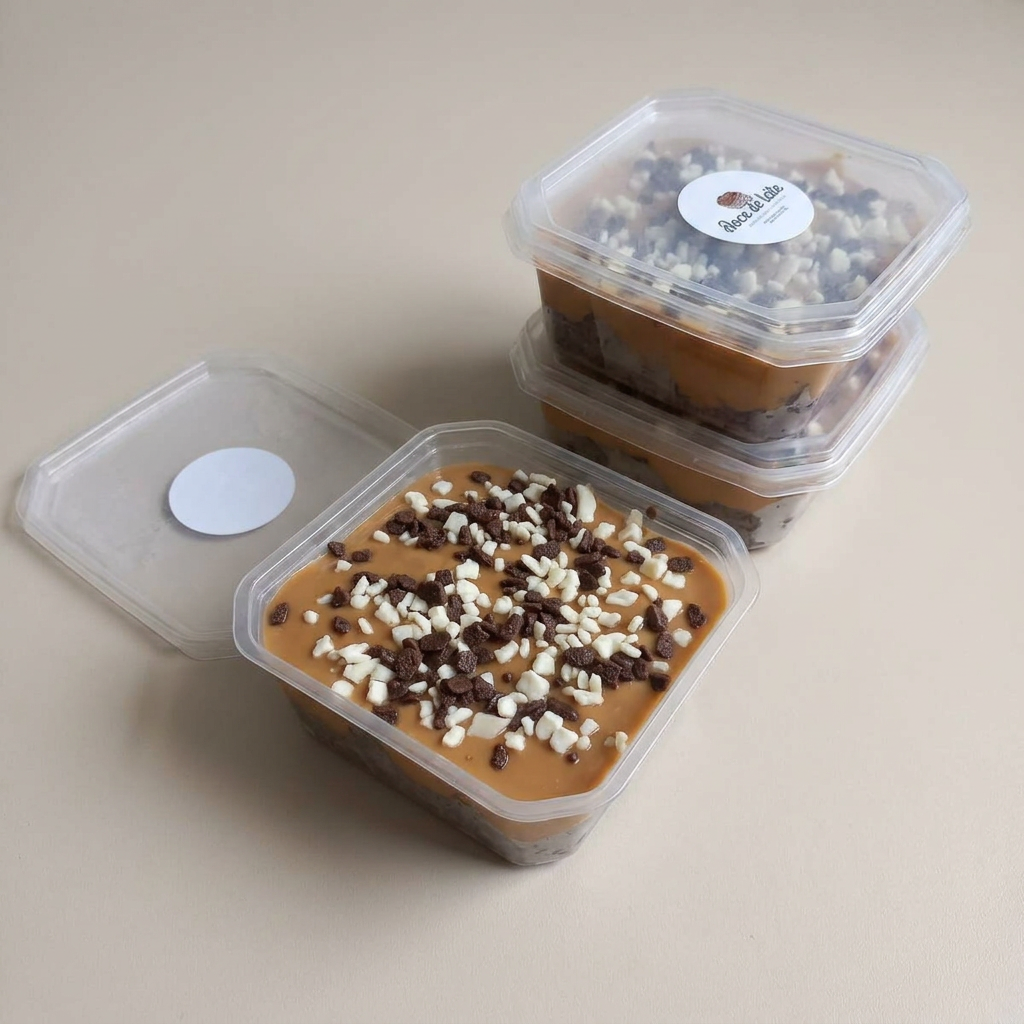 Pedaços de brownie afogado no doce de leite caseiro, finalizado com granulado.