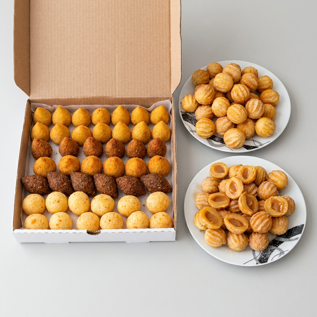 Apresentamos uma combinação perfeita de 40 salgados mistos de dar água na boca e 10 churros doces e suculentos recheados com doce de leite de 15gr. Este combo inclui uma seleção de sete distintos e irresistíveis sabores de salgados para você escolher: coxinha crocante, bolinho de queijo derretido, bolinho de calabresa apimentada, bolinho de carne suculenta, risoles recheados com presunto e queijo, enroladinho de salsicha saboroso e kibe bem temperado. Uma experiência gastronômica única, pensada para agradar a todos os paladares!