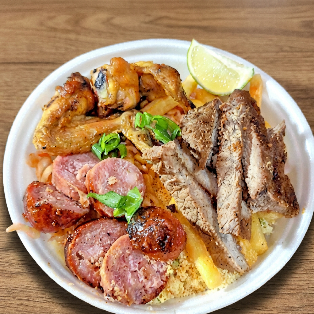 Churrasco bem temperado e preparado no ponto certo, suculento e saboroso. Acompanha Coca-Cola 350ml bem gelada para deixar sua refeição completa.