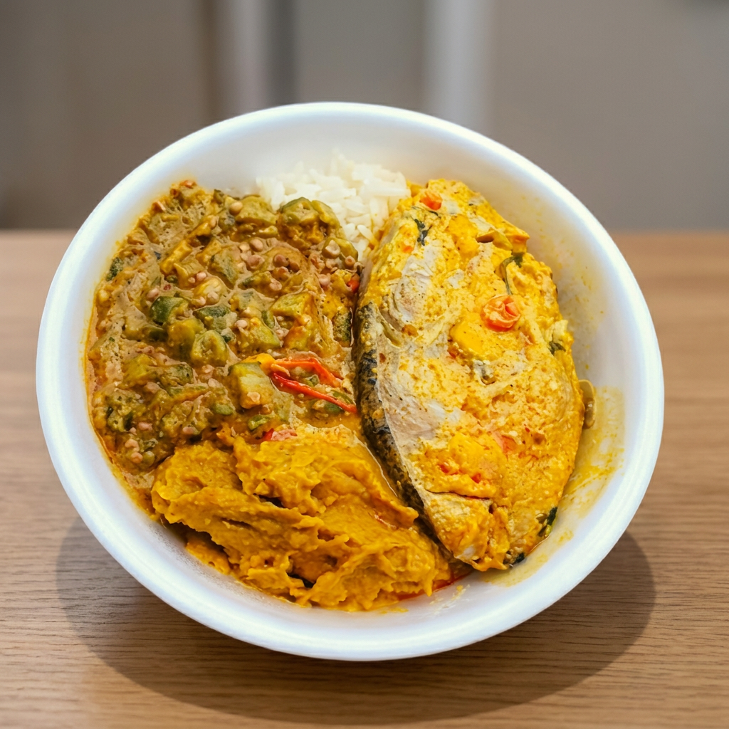 Prato de comida baiana preparado com peixe bem temperado e acompanhamentos típicos cheios de sabor. Acompanha Coca-Cola 350ml bem gelada.