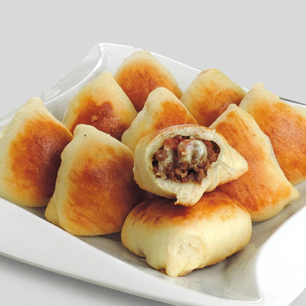 Esfiha de carne macia e saborosa, com recheio bem temperado. Irresistível!