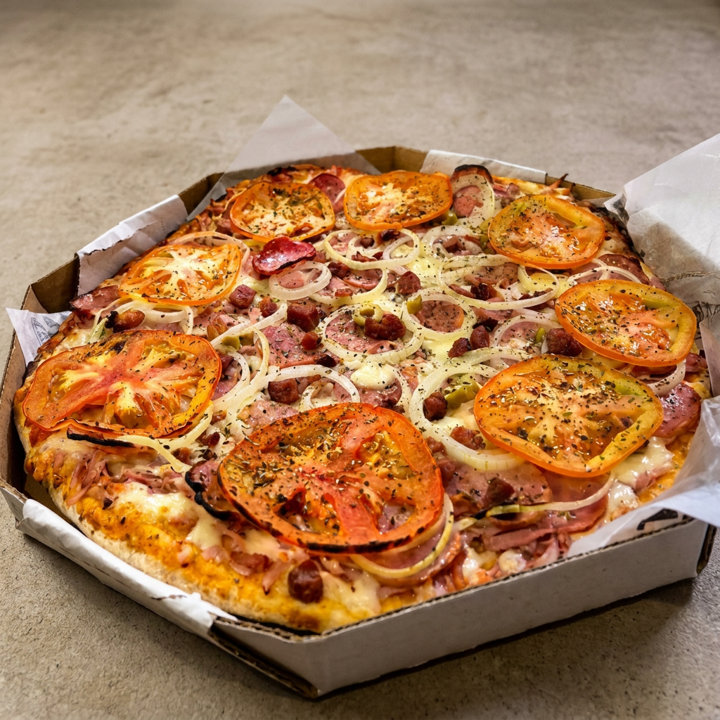 Presunto, calabresa, bacon, tomate, cebola e azeitonas com muita mussarela e molho da casa sobre massa artesanal. Do jeito da casa, bem completa.