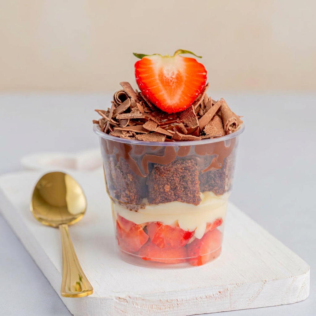 Brownie, Creme Belga de Cacau, Creme Belga Branco, Morango, coberto com Raspas de Chocolate