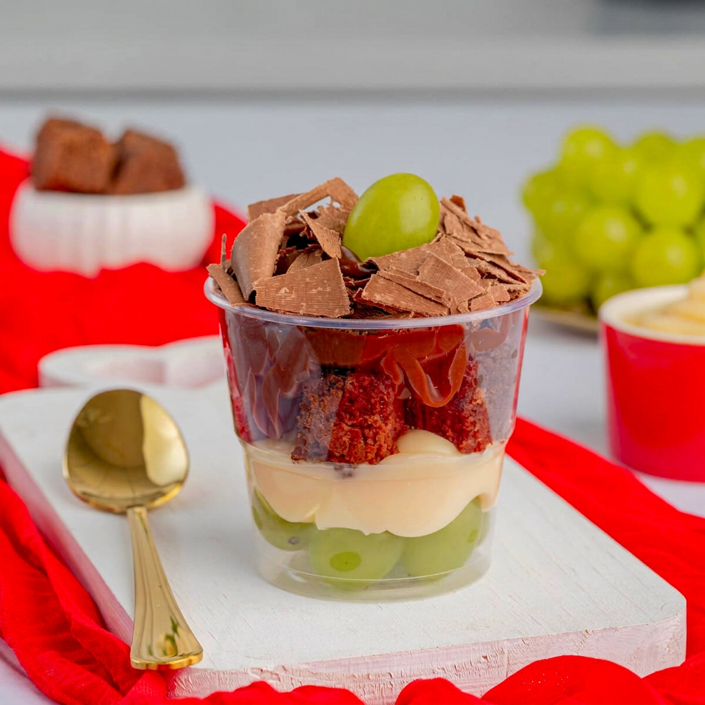 Brownie, Creme Belga de Cacau, Creme Belga Branco, Uva, coberto com Raspas de Chocolate.