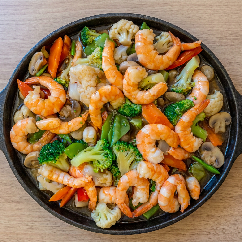 Camarão, lula, peixe e legumes (acelga, brócolis, cenoura, couve flor, repolho) na chapa.