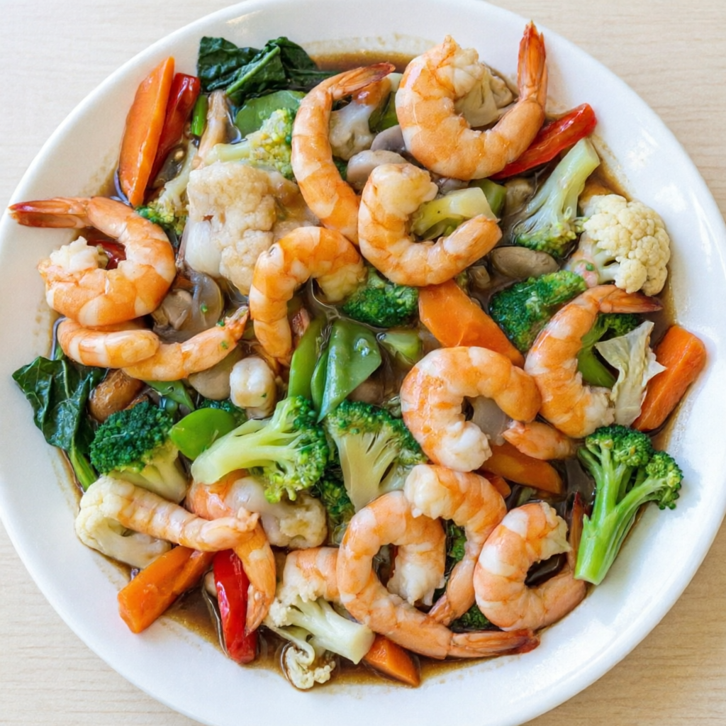 Camarão fresco com rabo e legumes (acelga, brócolis, cenoura, couve flor, repolho) ao molho shoyu).