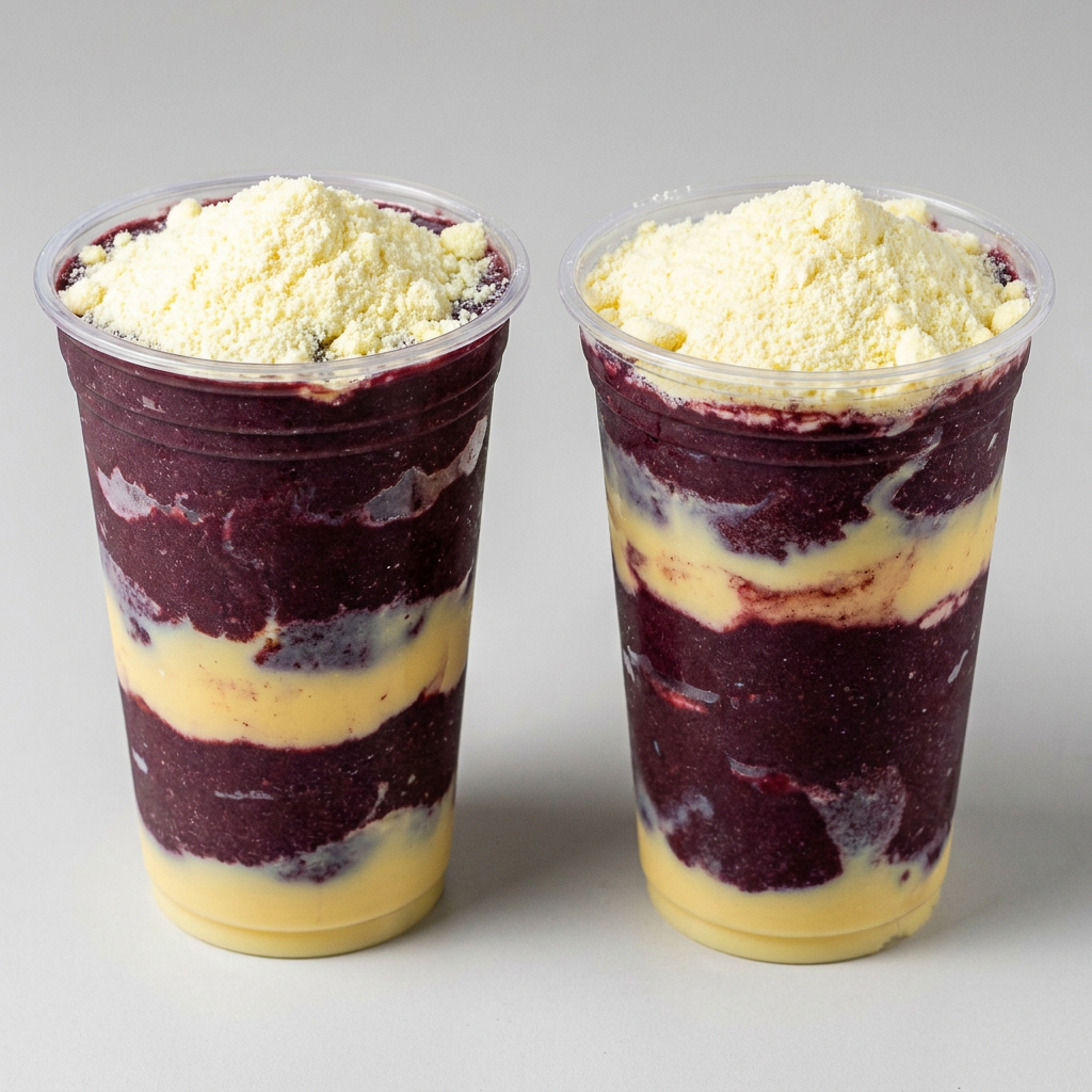 Delicioso açai com banana cortada em rodelas acompanha leite condensado.
