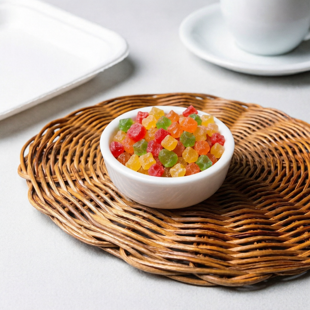 Frutas cristalizadas coloridas, saborosas e ideais para deixar suas receitas ainda mais especiais. Perfeitas para bolos, panetones, tortas, sobremesas, doces caseiros e preparos de confeitaria.