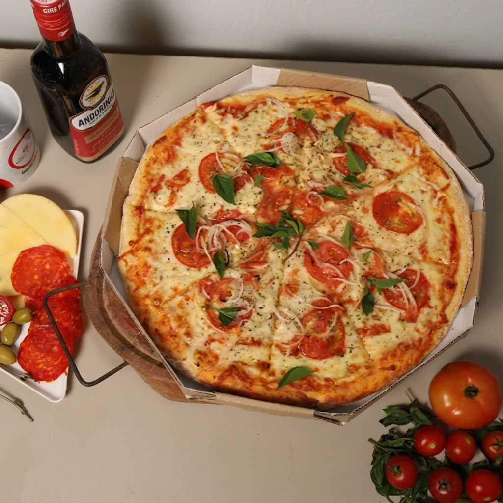 Deliciosa pizza de massa , coberta com molho de tomate fresco, queijo mozzarella derretido e manjericão fresco, perfeita para os amantes de sabores tradicionais.
