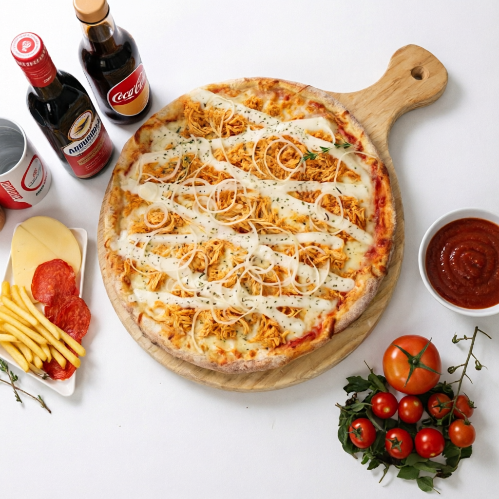 Pizza com molho de tomate, queijo mussarela, frango , cebola e oregano. Uma combinação que traz um sabor suculeto
