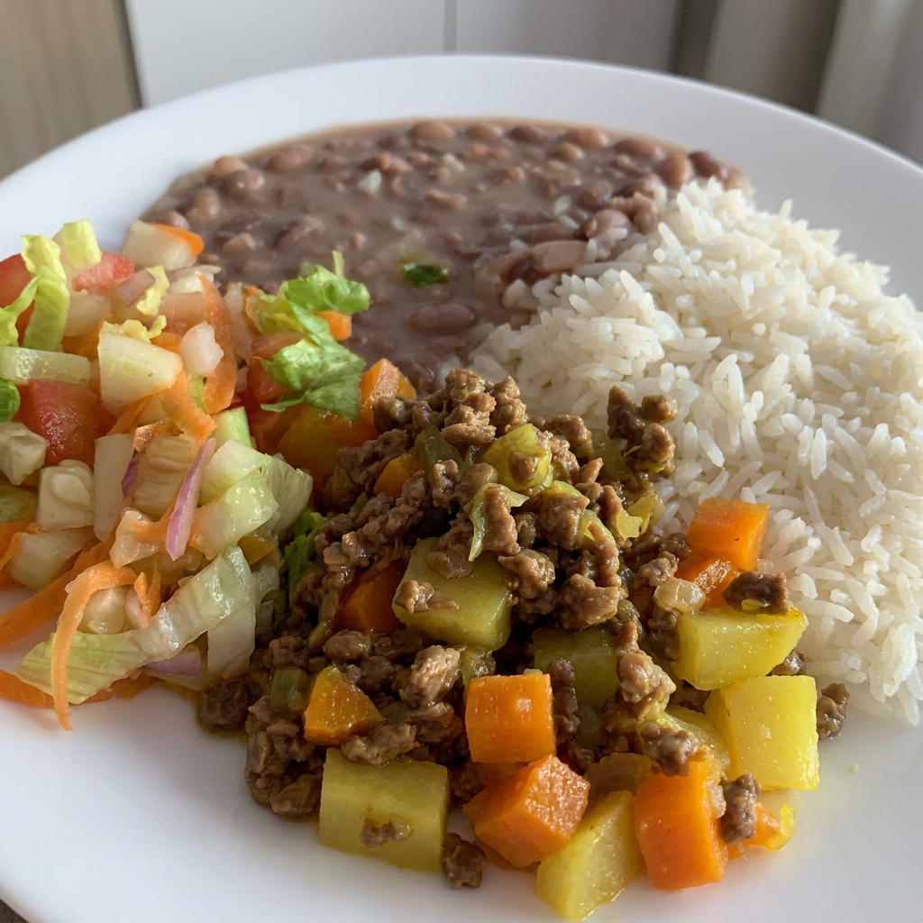Proteína texturizada de soja temperada com legumes cozidos, acompanha arroz, feijão e salada