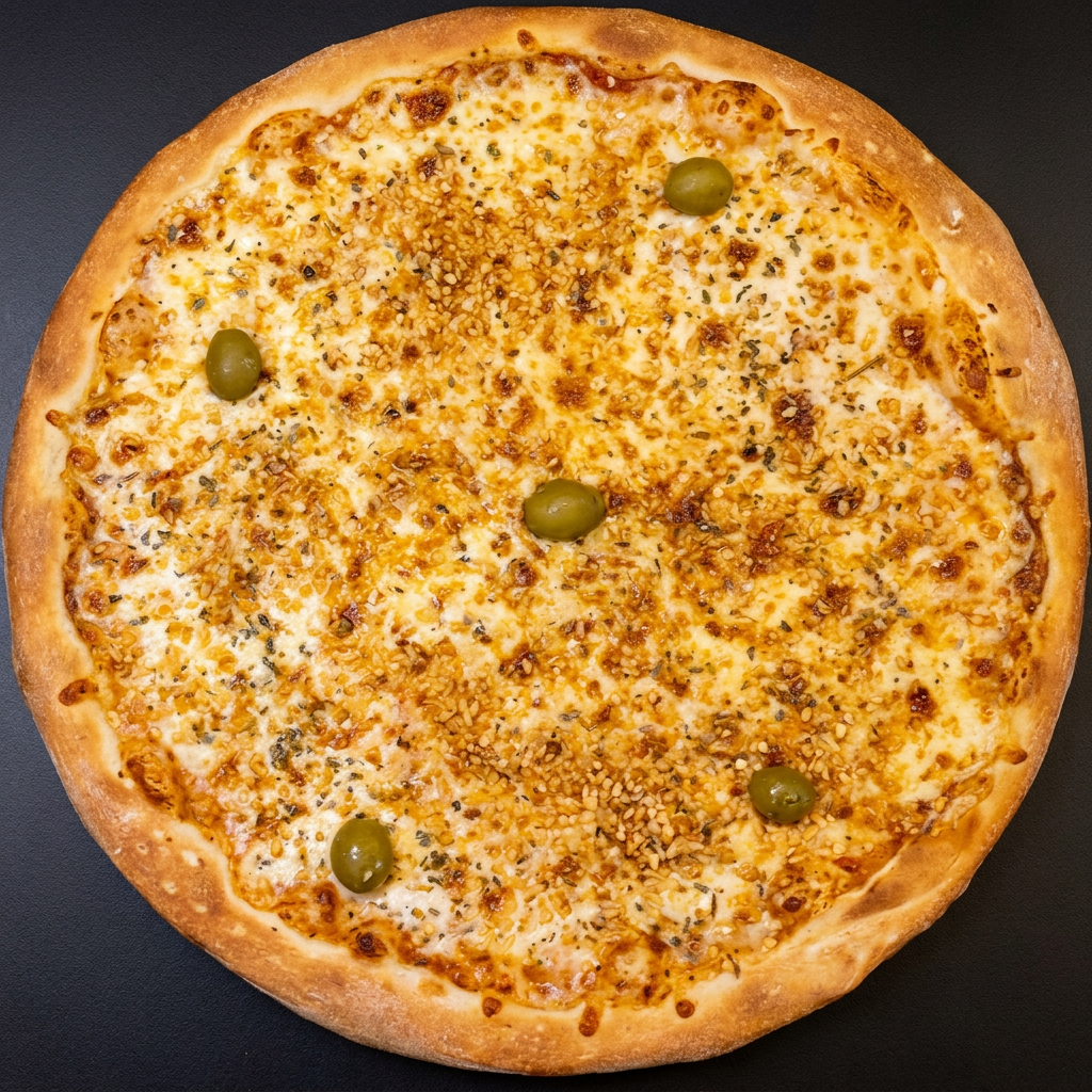 Uma pizza cheia de sabor, com queijo derretido e alho torrado douradinho, trazendo aquele toque crocante e aromático que faz toda a diferença.