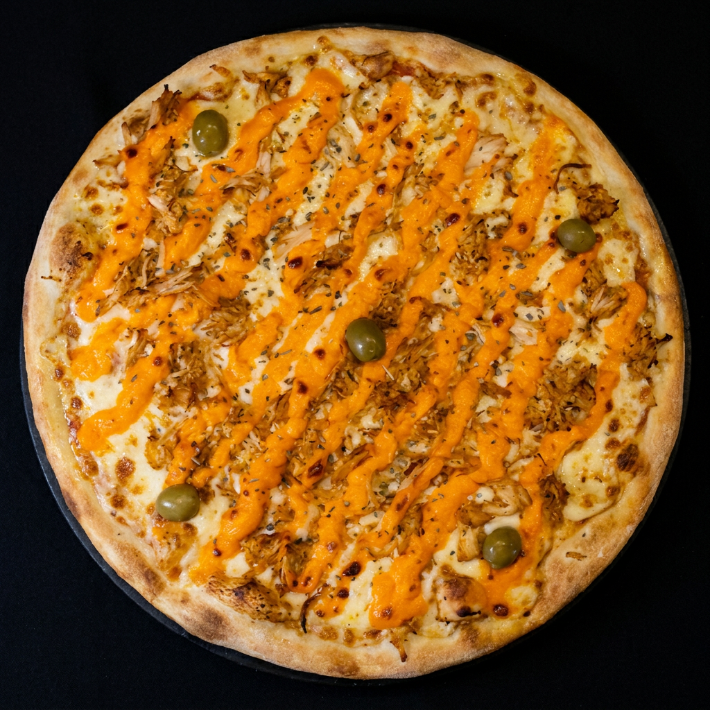 Frango desfiado bem temperado, combinado com queijo derretido e uma camada cremosa de cheddar. Uma pizza saborosa, cremosa e com um toque especial a cada mordida.