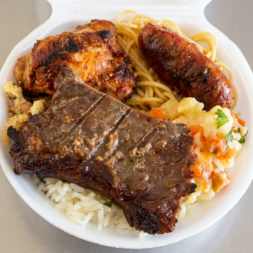 feijão tropeiro, macarrão, arroz e salada.