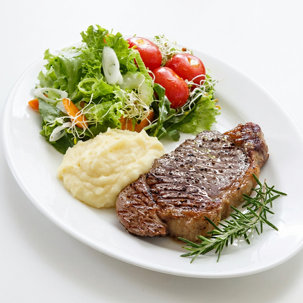 Um prato totalmente equilibrado, com proteína, fibra e carboidrato na medida certa. Com um suculento e delicioso filé grelhado, acompanha uma porção purê de batata e a salada do dia. Pensado na sua dieta e no seu conforto, esta receita tem aproximadamente 500 calorias e serve confortavelmente 1 adulto.