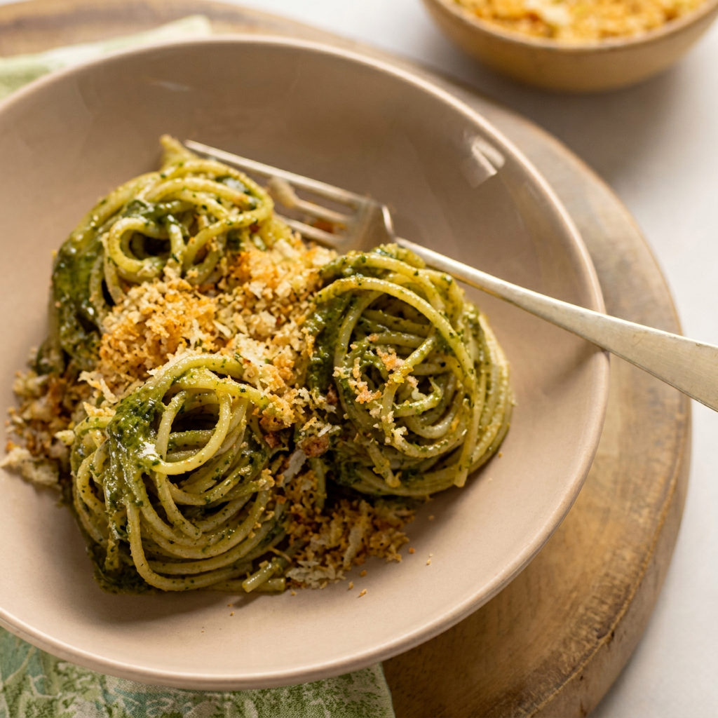 Um clássico! O espaguete ao pesto é um prato que consiste em massa tipo espaguete envolvida pelo tradicional molho pesto. O molho é uma mistura crua e aromática feita à base de folhas de manjericão fresco, azeite de oliva, alho e queijo parmesão. A preparação leva na mais que a famosa massa linguini Barilla, envolvido em um molho rico, untuoso e aveludado à base de manteiga e queijo parmesão ralado fino, tiras de frango grelhado e suculento, criando uma emulsão cremosa perfeita. Aproximadamente 500GR Serve 1 porção generosa.