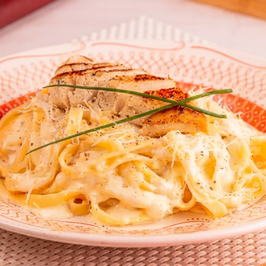 A preparação leva nada mais que a famosa massa linguini Barilla, envolvida em um molho rico, untuoso e aveludado à base de manteiga e queijo parmesão ralado fino, tiras de frango grelhado e suculento, criando uma emulsão cremosa perfeita.
Aproximadamente 500gr
Serve 1 porção generosa.