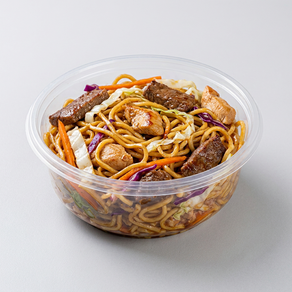 Macarrão Oriental Tipo Nissin, Mix de legumes (Repolho Branco, Repolho Roxo e Cenoura ) e Carne Grelhados em Molho Oriental.