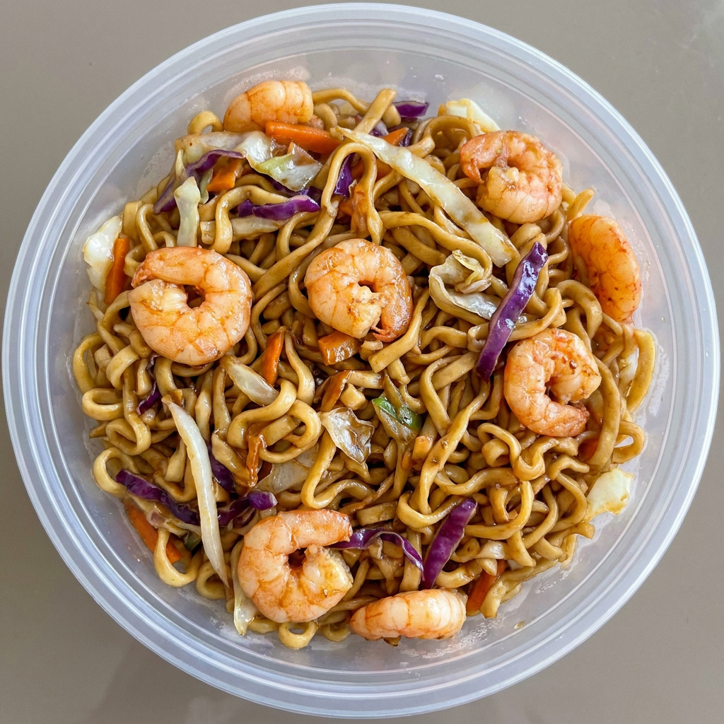 Macarrão Oriental Tipo Nissin, Camarão e Mix de legumes (Repolho Branco, Repolho Roxo e Cenoura ) Grelhados em Molho Oriental.