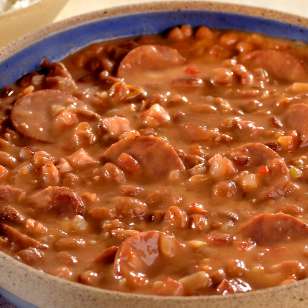 feijão vermelho, bacon, calabresa, carne moída, cebola pimentão, tomate e pimenta
