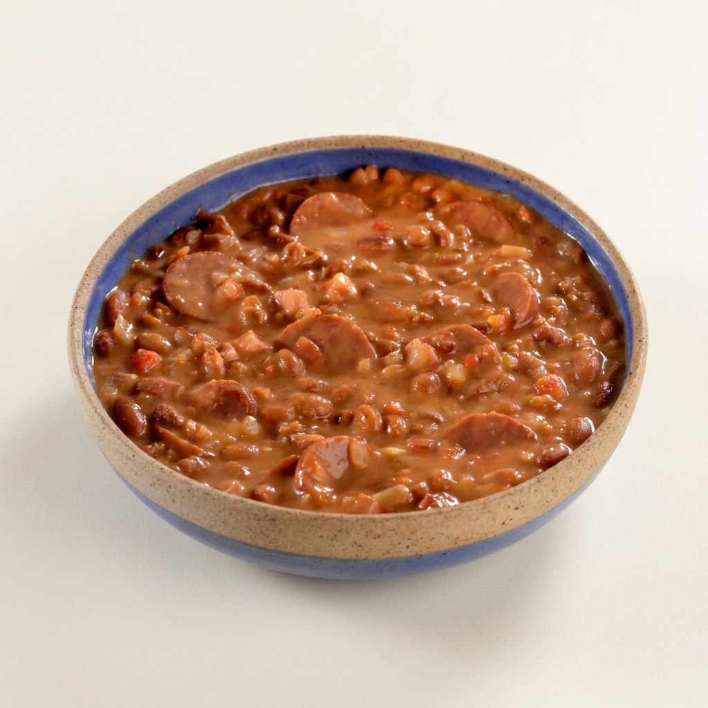 feijão vermelho, bacon, calabresa, carne moída, cebola pimentão, tomate e pimenta