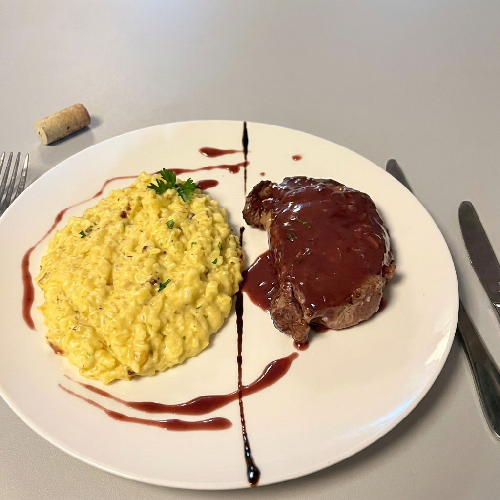 risoto amarelo com arroz arbóreo,ancho com molho de vinho,mel,hortelã.