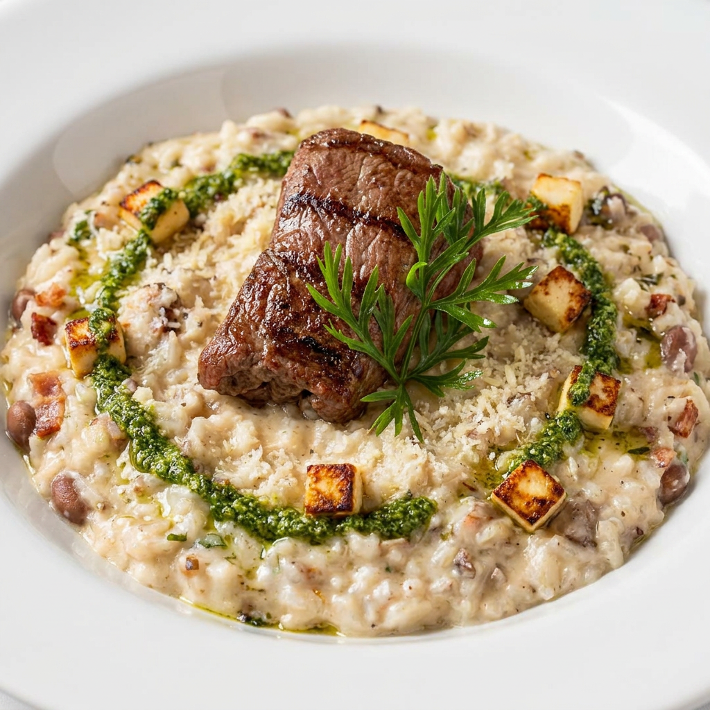 arroz arbóreo, feijão de corda ,bacon, queijo coalho, parmesão molho pesto e filé