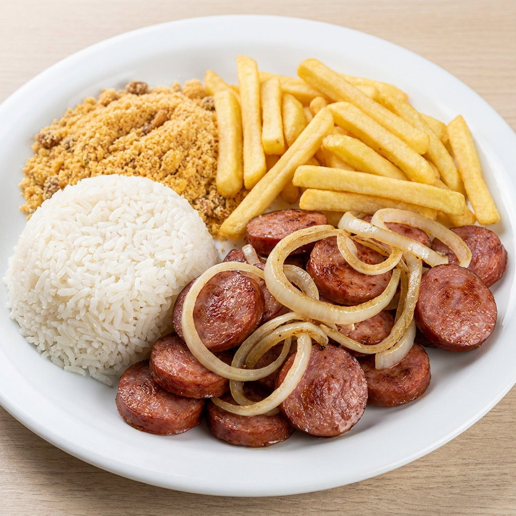 Calabresa suculenta, acebolada bem fininha, acompanhada de arroz branco, feijão preto, farofa e fritas.