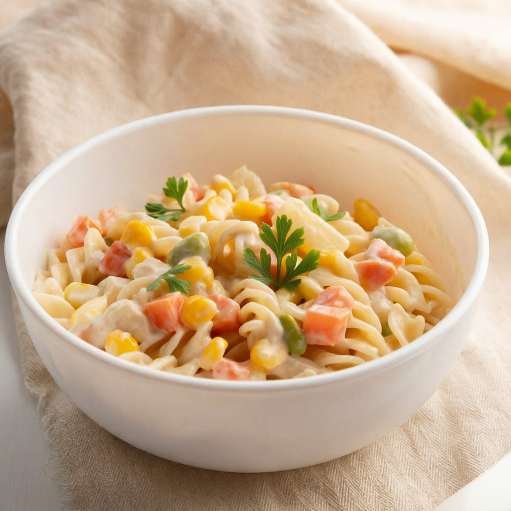 Salada de macarrão com maionese e temperos da casa.