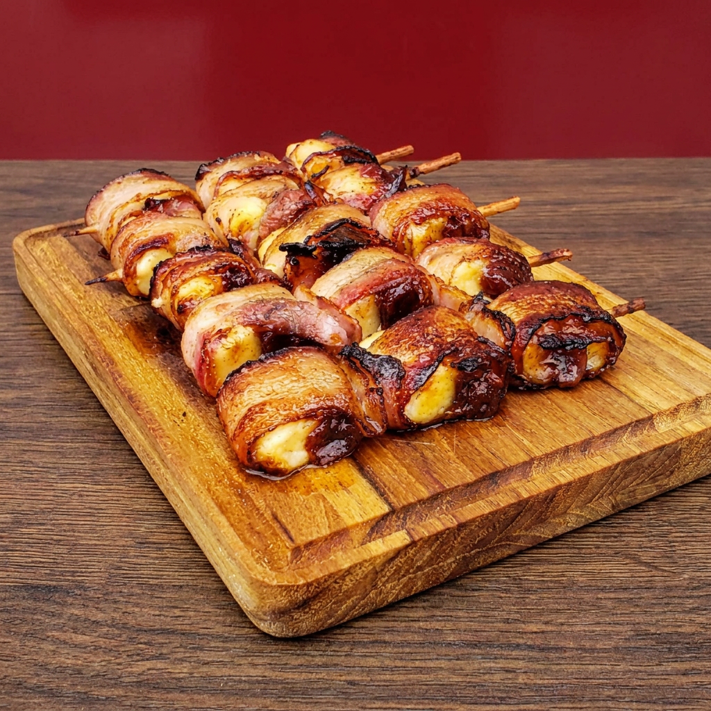 Queijo e goiabada enrolados no bacon. Aproximadamente 100g