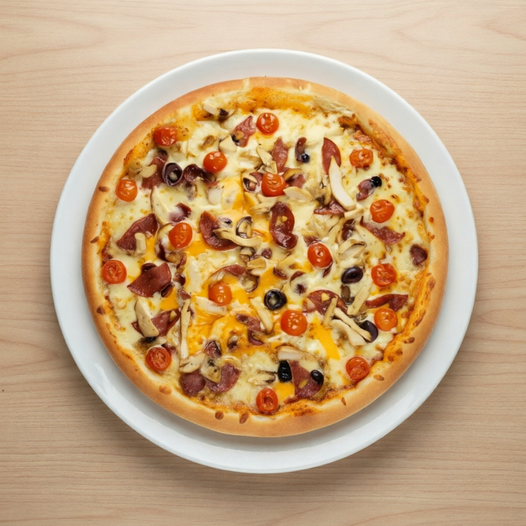 Frango, bacon, champignon, cheddar e azeitonas.