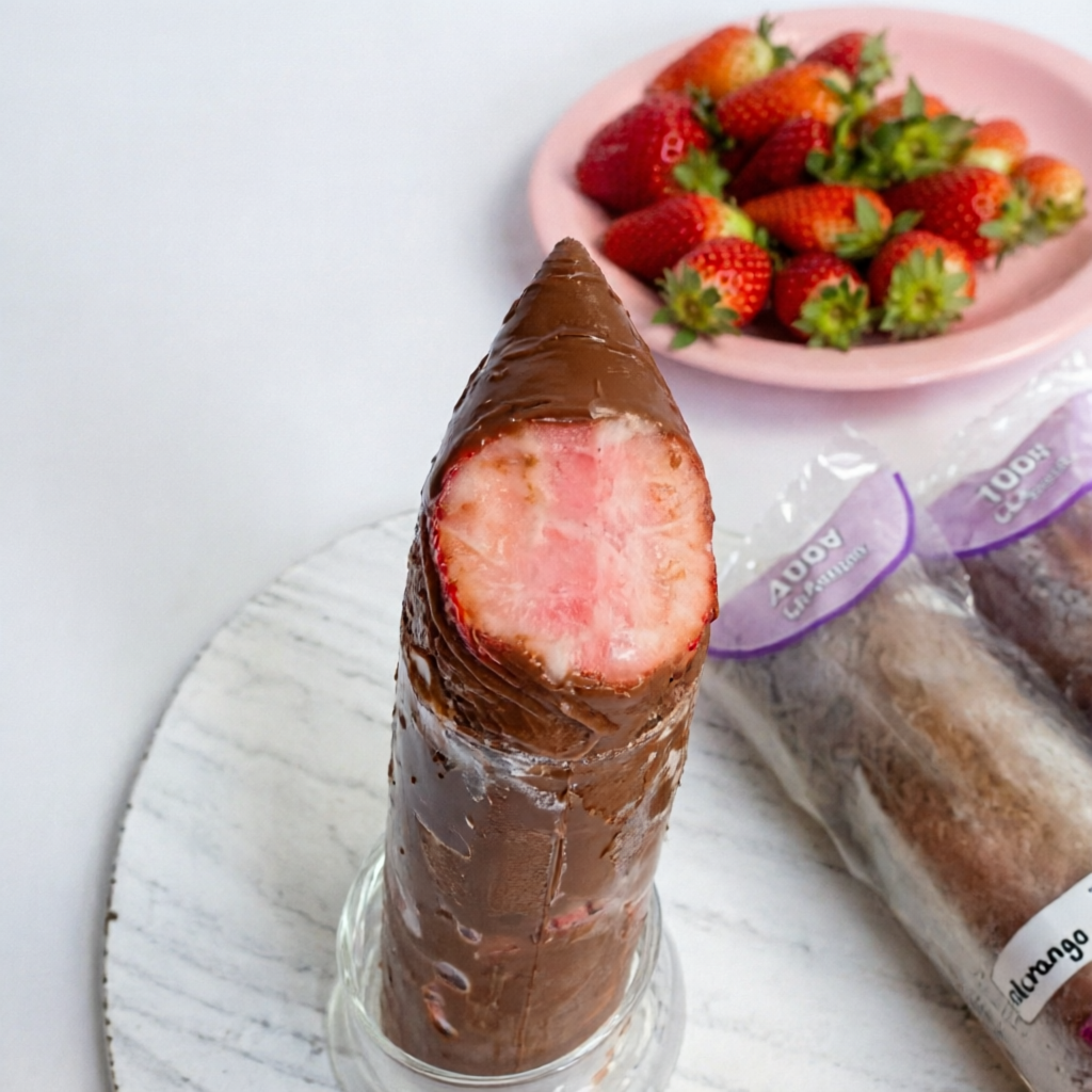 Uma combinação perfeita nesse geladinho o sabor do morango com a gostosura da Nutella.