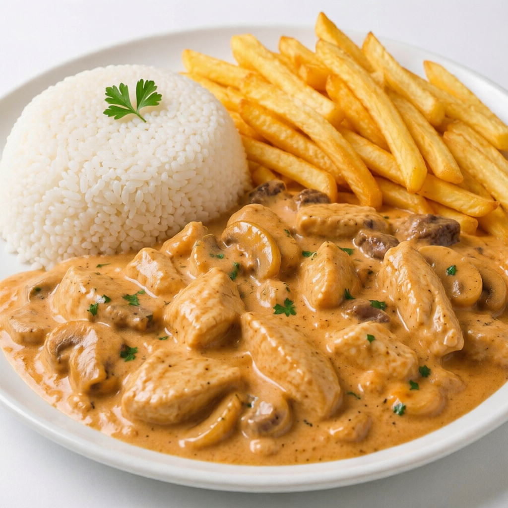 Monte seu strogonoff do seu jeito! Escolha entre frango, carne ou camarão e aproveite essa combinação cremosa acompanhada de arroz e batata frita.