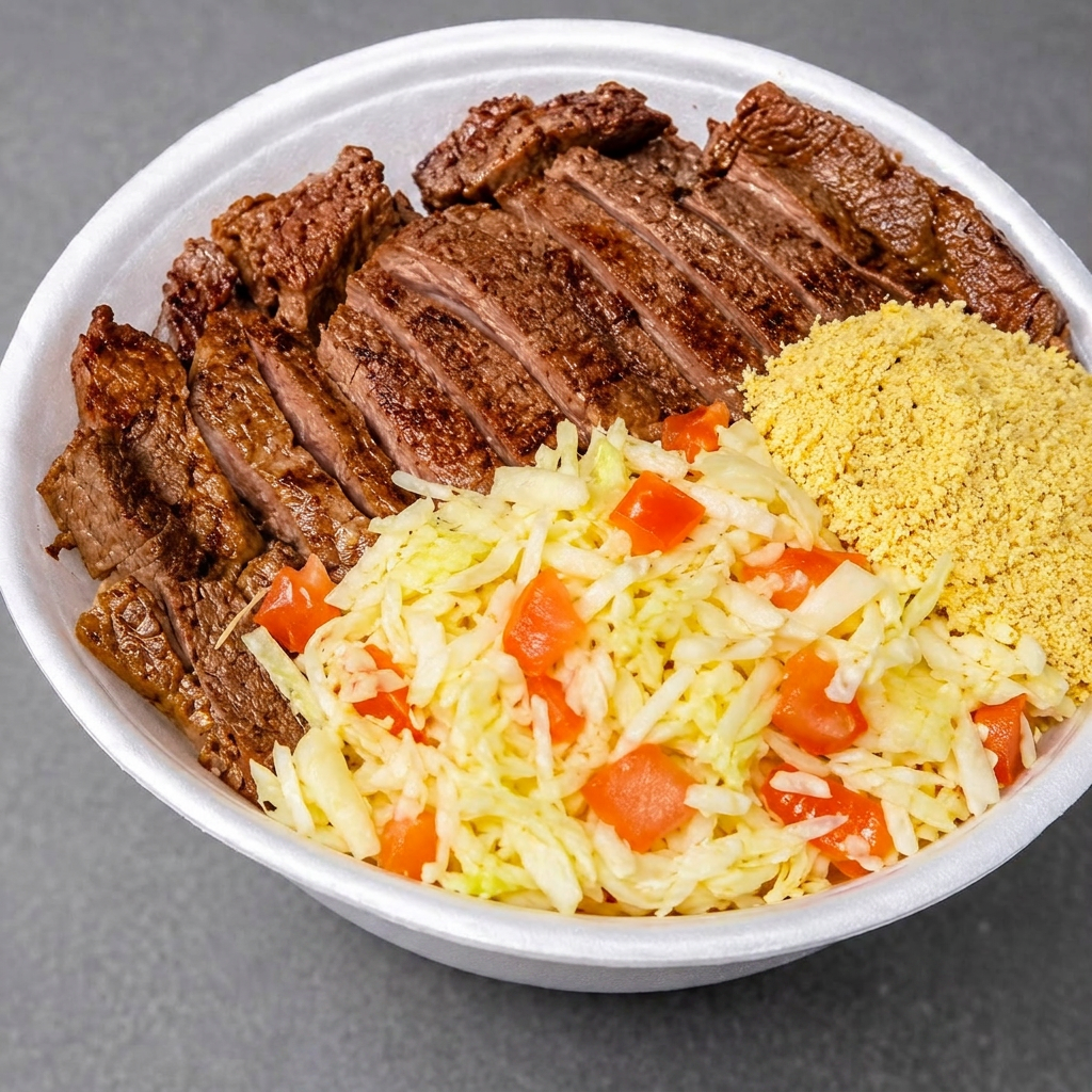 Arroz, Feijão fresquinho, Contra Filé assado na Brasa, Farofa e Vinagrete.