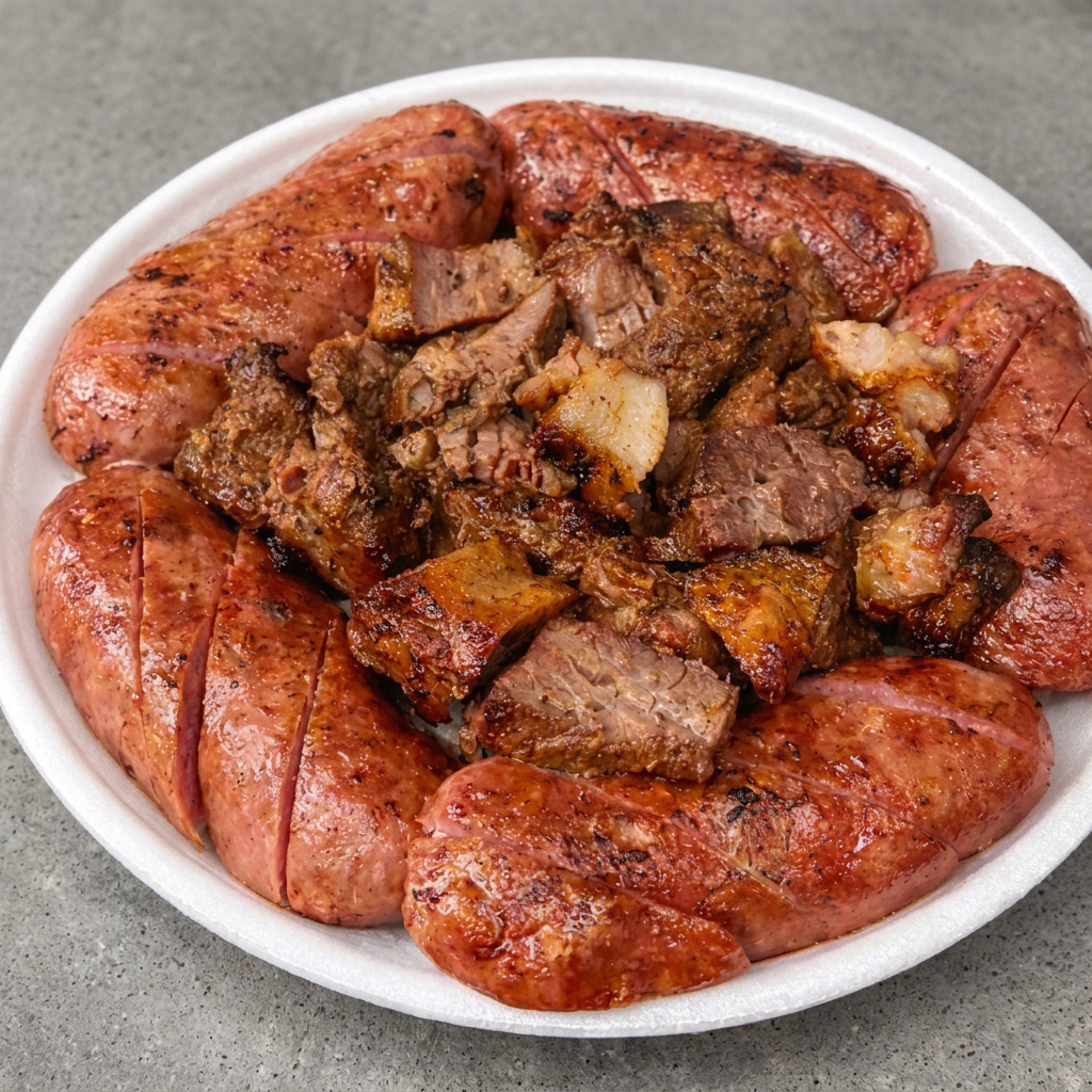 Arroz e Feijão fresquinho, Carne de Espetinho bem temperado e Linguiça de Churrasco assado na Brasa (Mistura EM DOBRO).