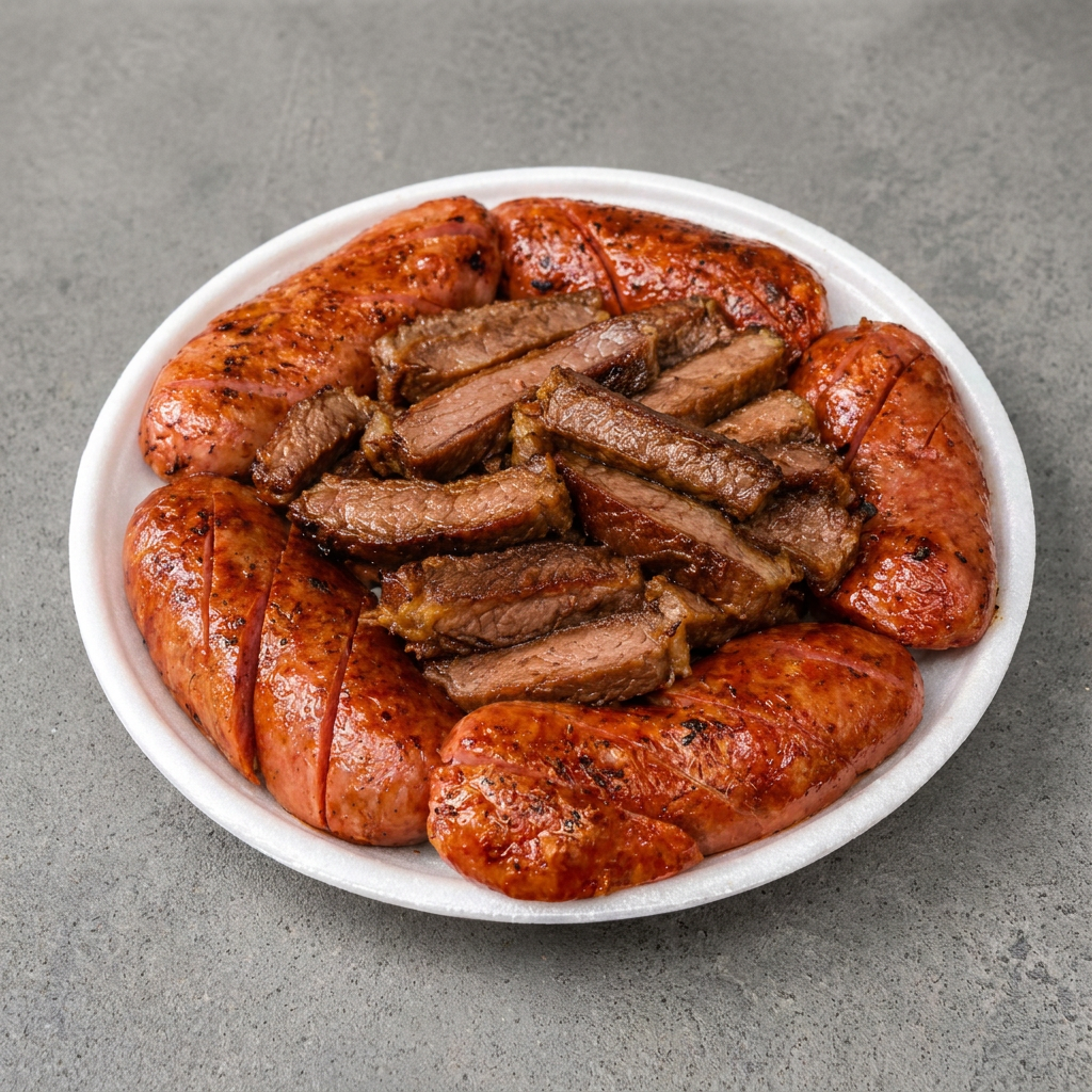 Arroz e Feijão fresquinho, Contra Filé e Linguiça de Churrasco assado na Brasa (Mistura EM DOBRO).