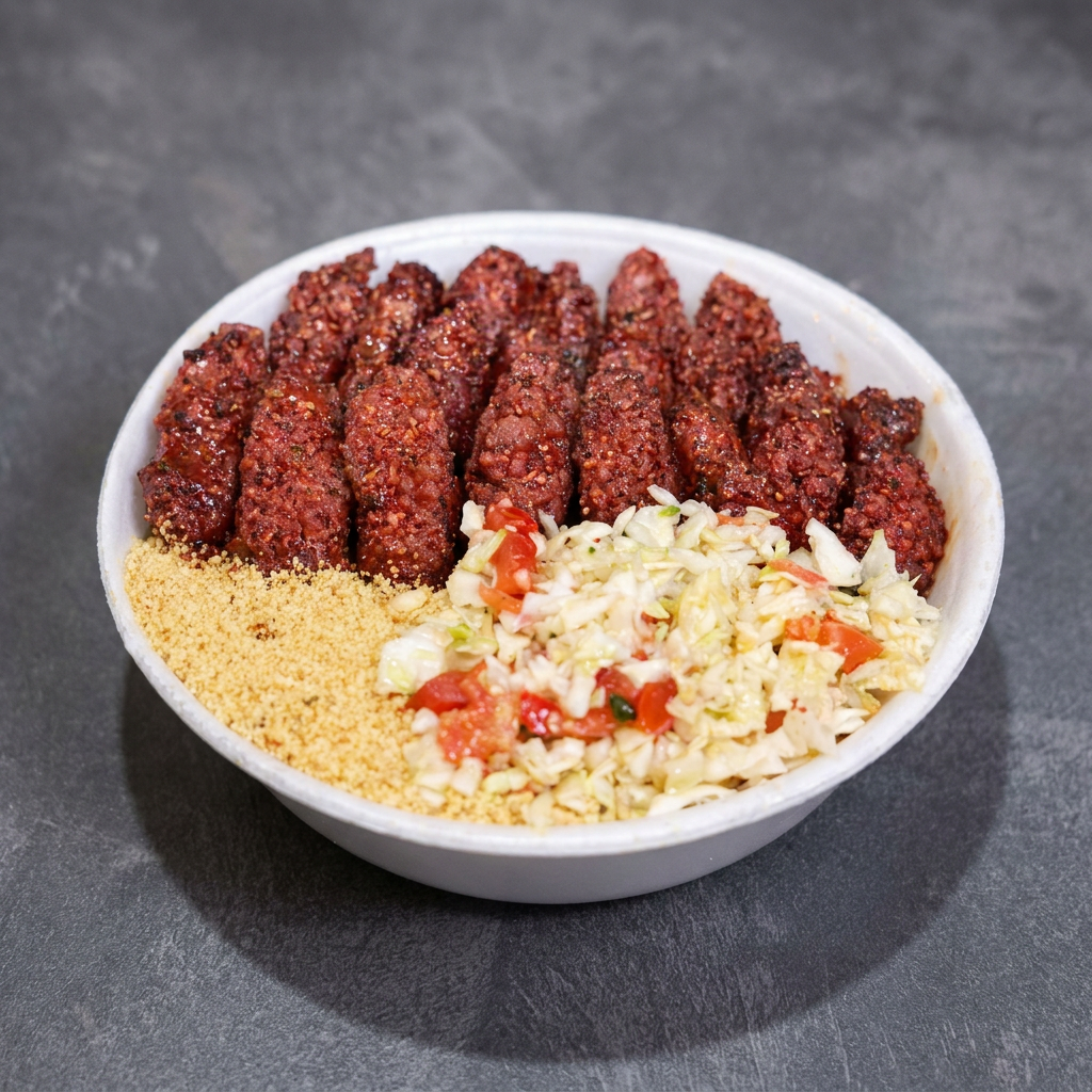 Arroz e Feijão fresquinho, Muita Kafta assada na Brasa, Farofa e Vinagrete.