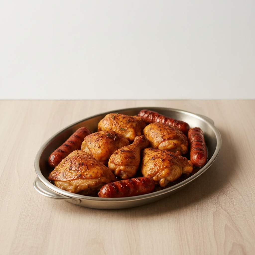 frango assado com toscana, arroz temperado, feijão tropeiro, salada vinagrete e faroa.