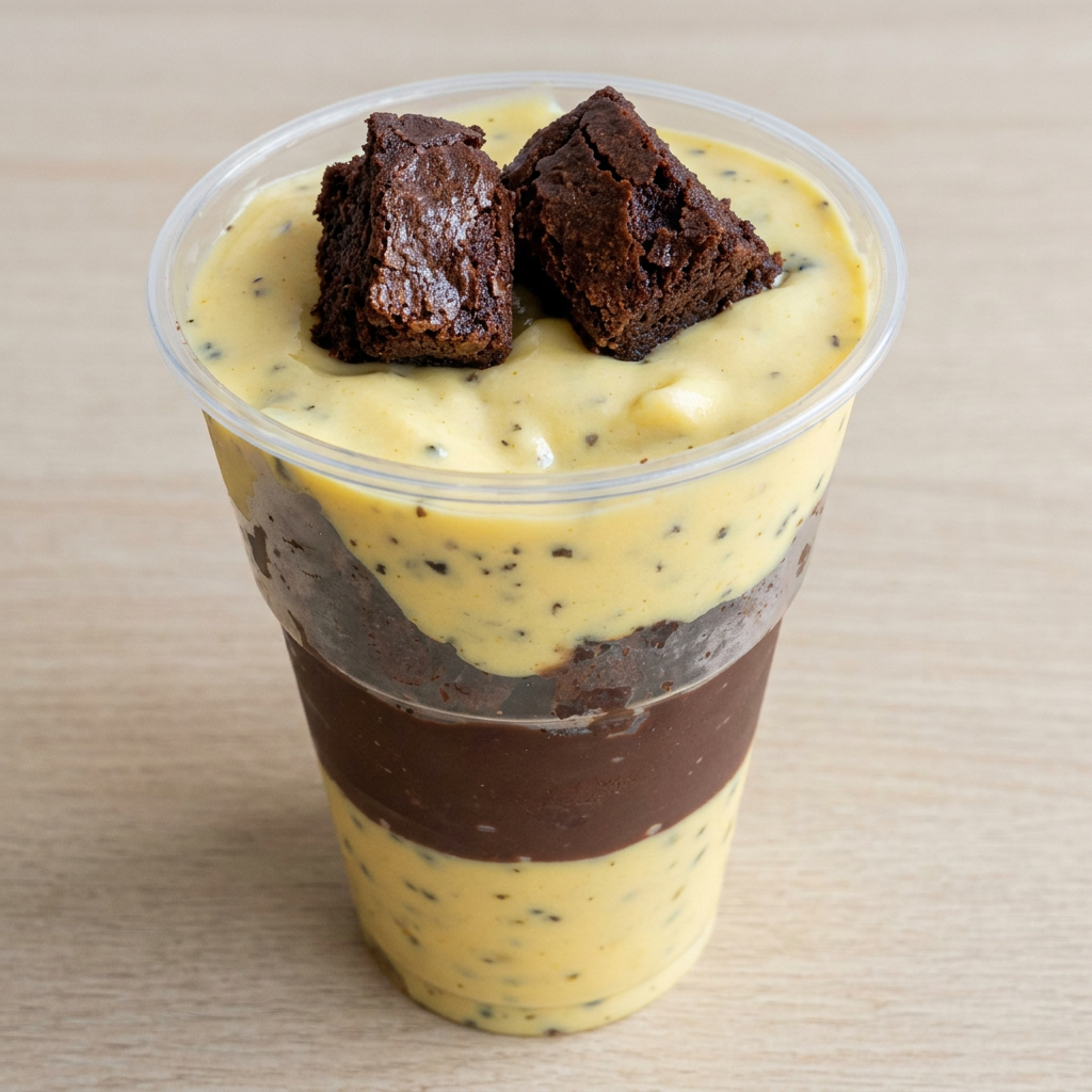 Copo da felicidade maracujá com chocolate e brownie distribuido em camadas, uma experiência deliciosa ️