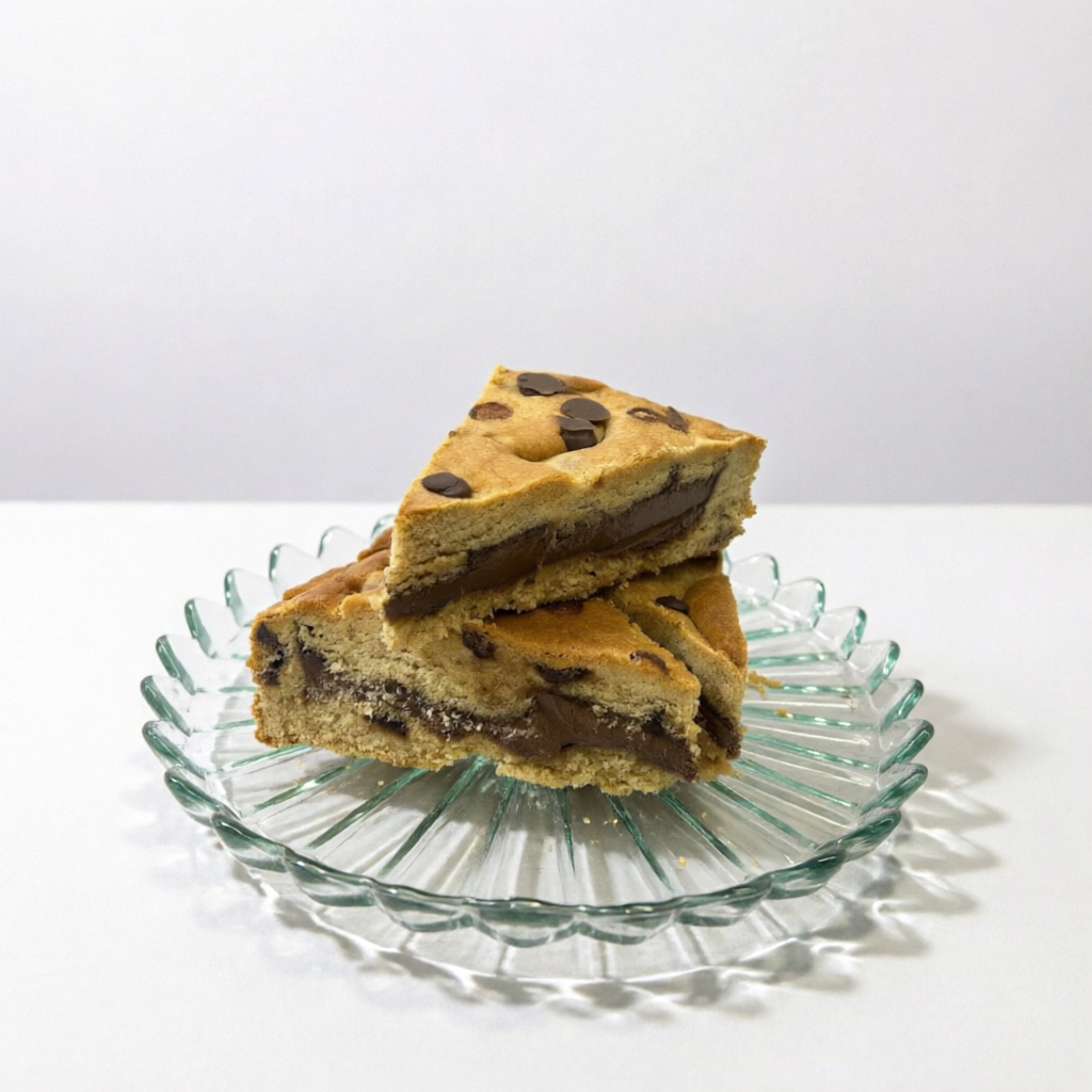 massa de cookie recheada com Nutella finalizada com gostas de chocolate