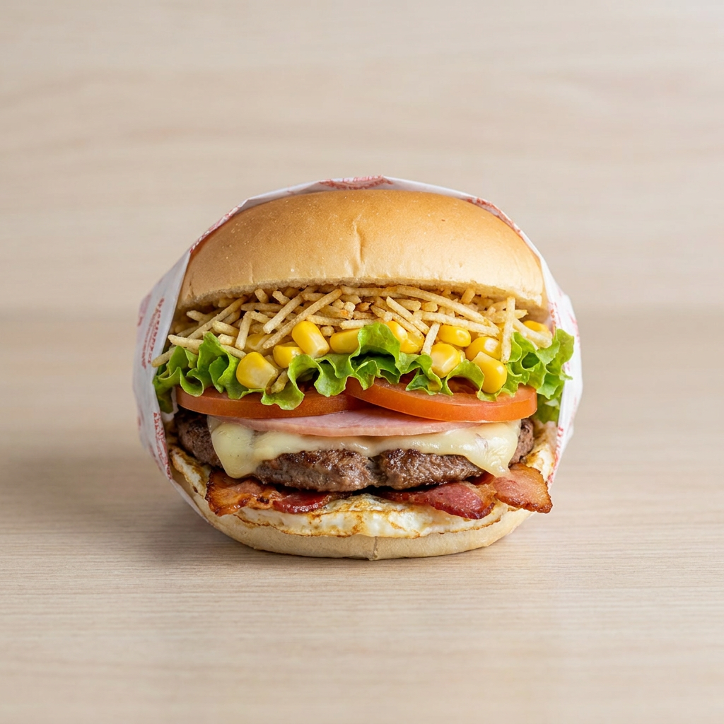 Pão,carne,queijo,presunto,bacon,ovo,alface e tomate