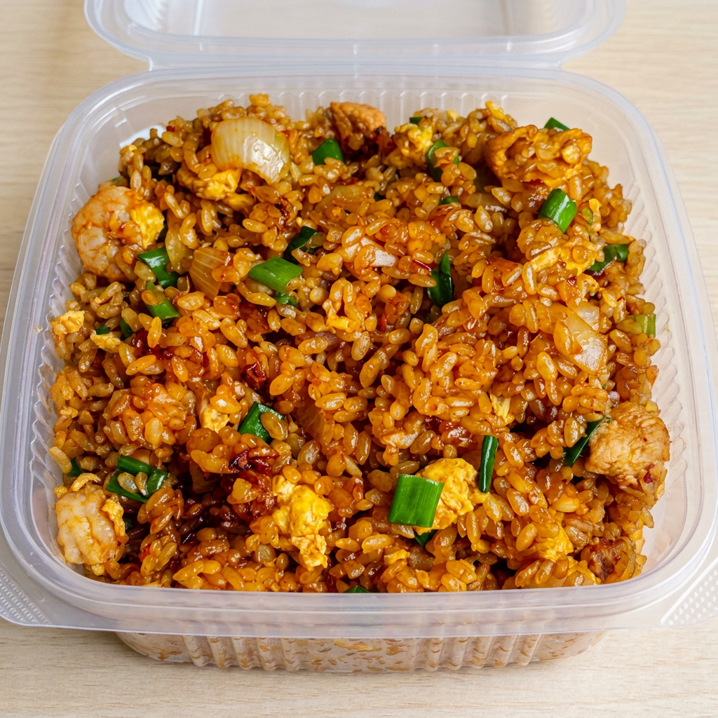 Arroz, camarão, frango, cebola, ovos e pimenta, ao molho de tomate