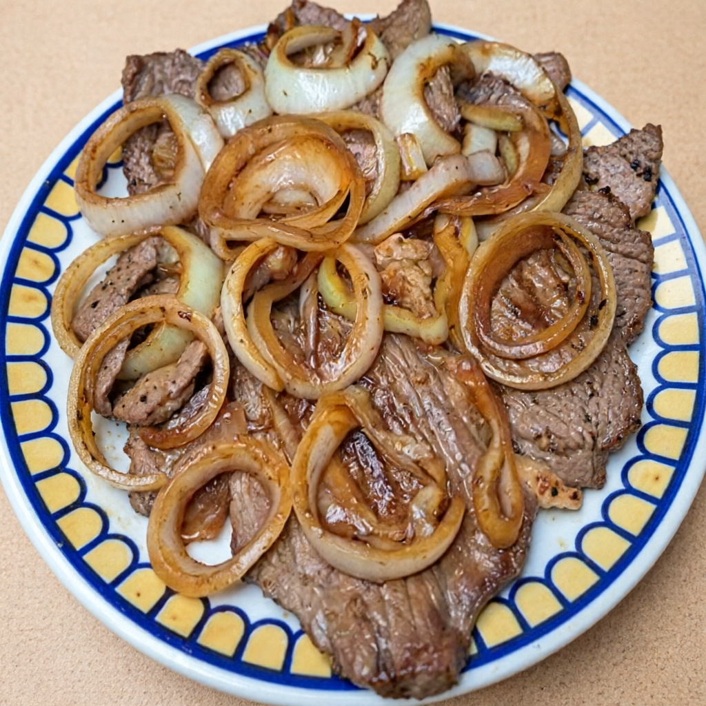 Carne temperada com especiarias da china e cebola em tiras. Serve até três pessoas