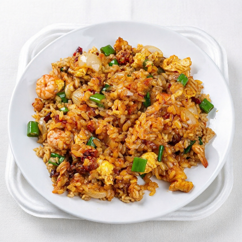 Arroz, camarão, frango, cebola, ovos e pimenta, ao molho de tomate
