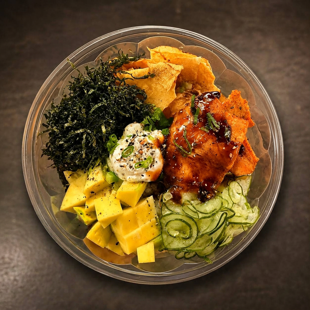 Arroz ( japones ) de salmão grelhado com cream cheese cebolinha sunomono couve crisp e batata cHIPIC E MANGA